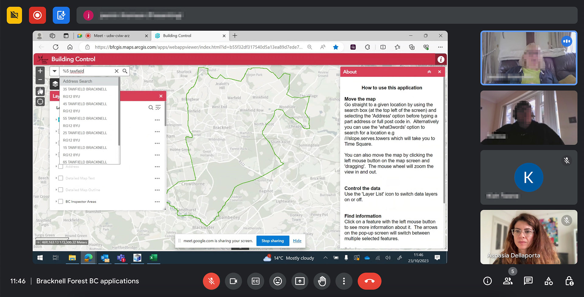 Screenshot of people on a video meeting discussing a website with an outlined map
