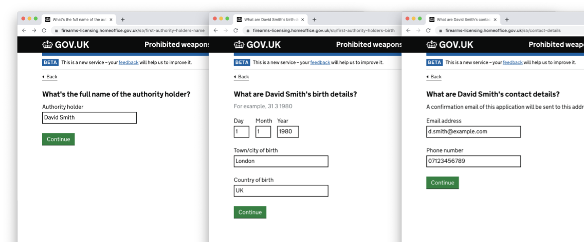 An example flow of questions created using Home Office Forms