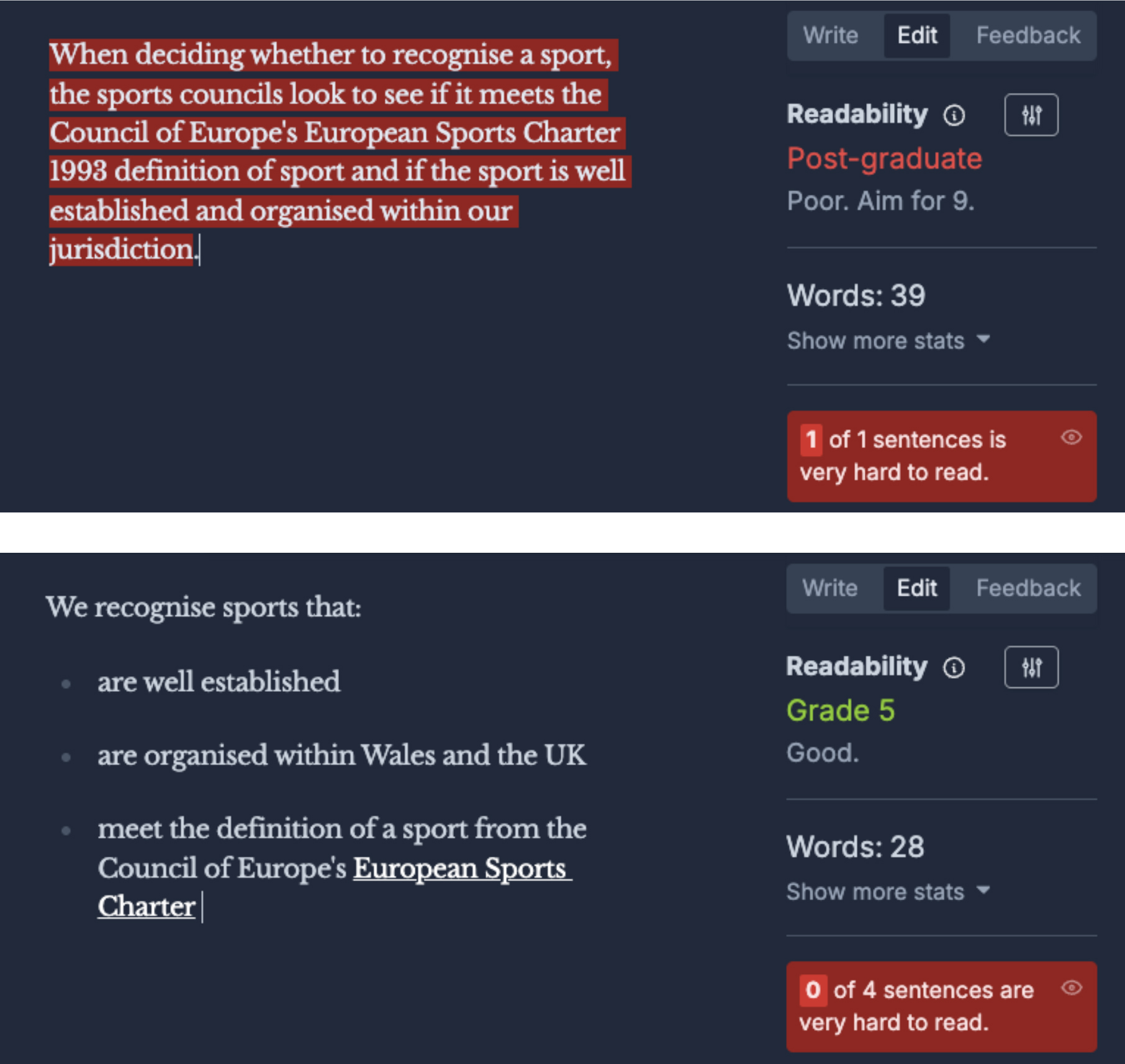 Before and after readability comparison using Hemingway app