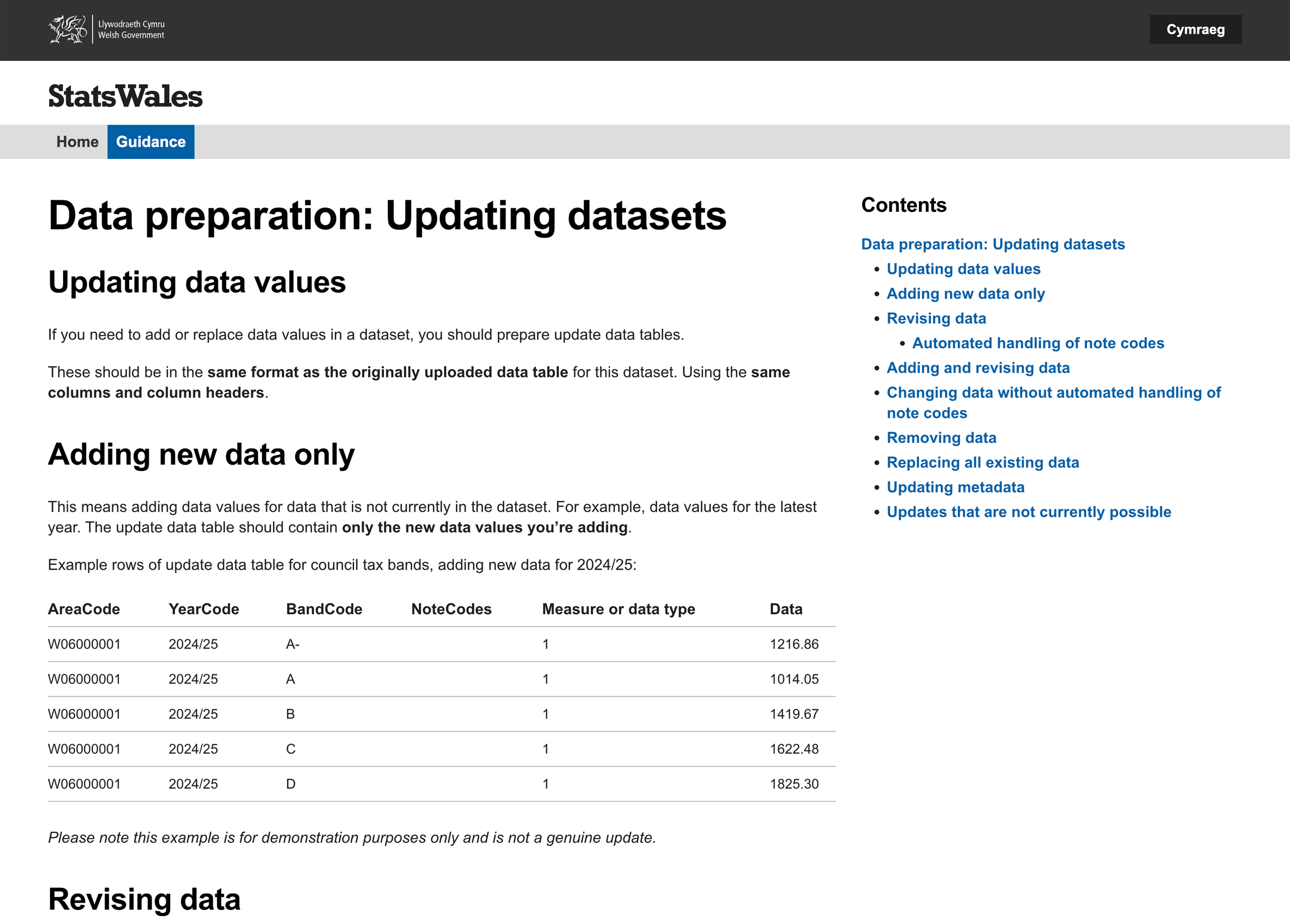 A screenshot of publisher guidance for preparing dataset updates in StatsWales